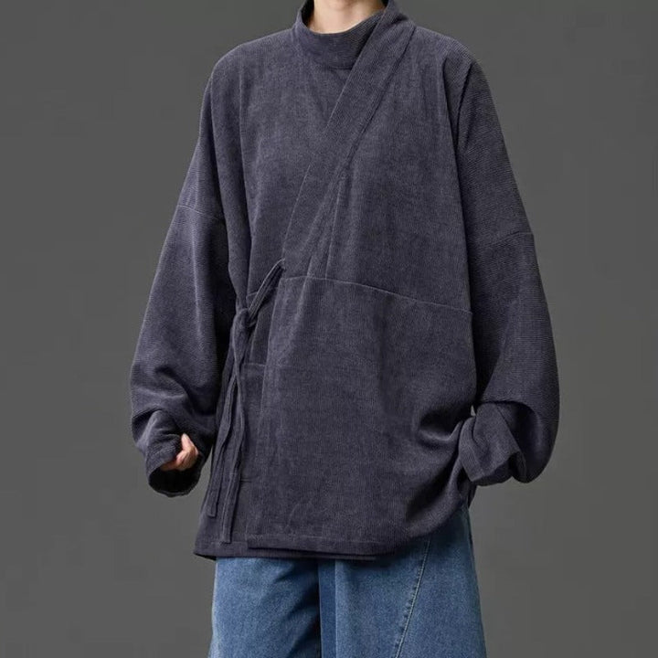 Corduroy Curved Collar Diagonal Placket Loose Hanfu Cardigan
