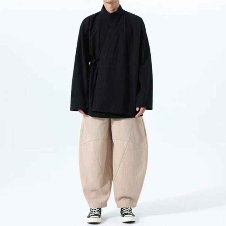 Loose Cotton Cross Front Side Tie Shirt Hanfu
