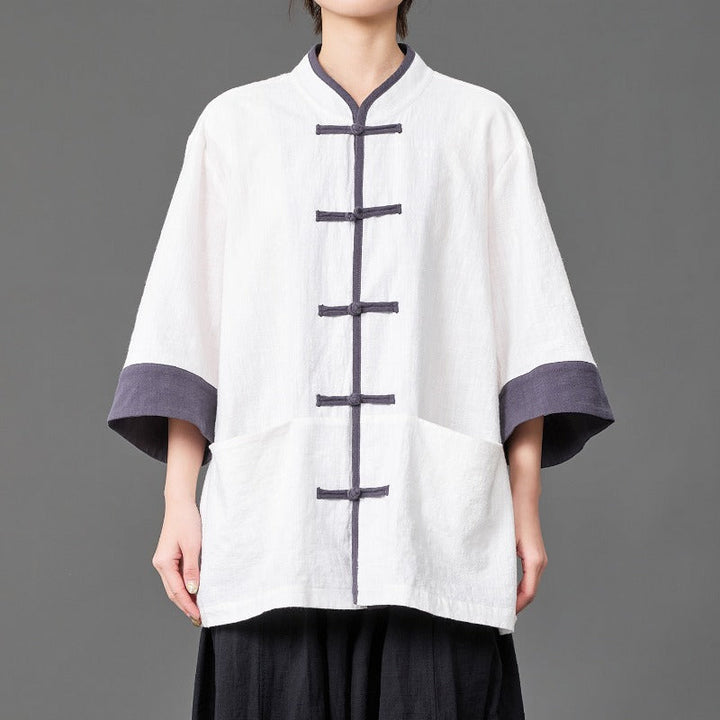 Cotton Linen Three Quarter Sleeve Frog Button Taichi Shirt