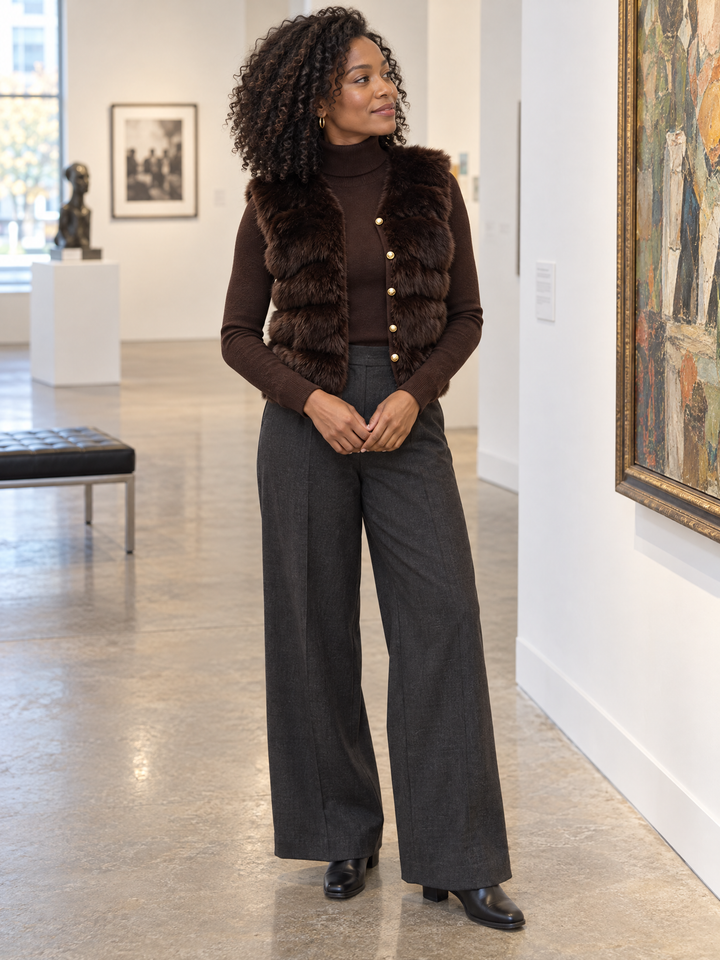 Turtleneck Knit Sweater And Faux Fur Vest Two-Piece Set
