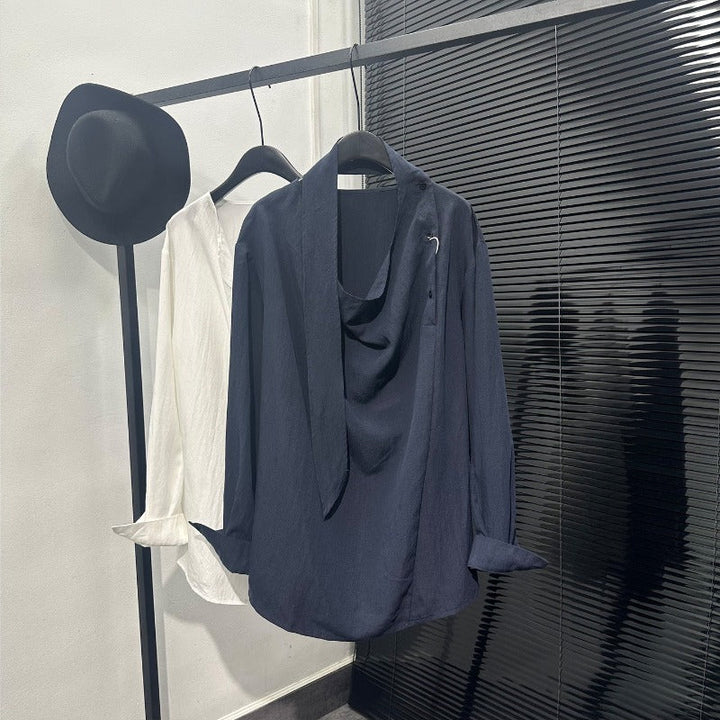 Asymmetric Neckline Tie-Detail Long-Sleeve Shirt