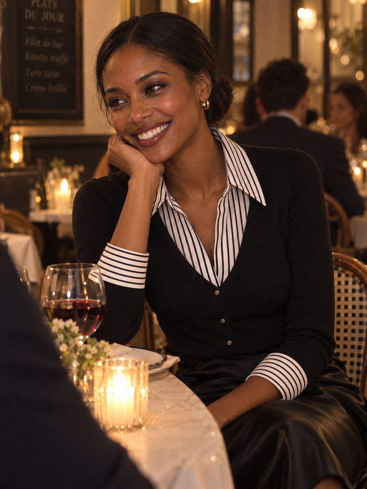 Striped Collar Layered-Look Knit Top Blouse