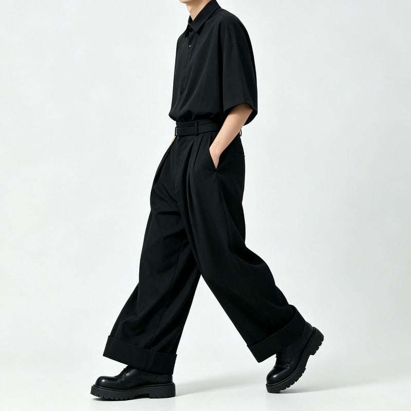 Japanese Drop Shoulder Short Sleeve Draped Loose Wide Leg Trousers Two-piece Set