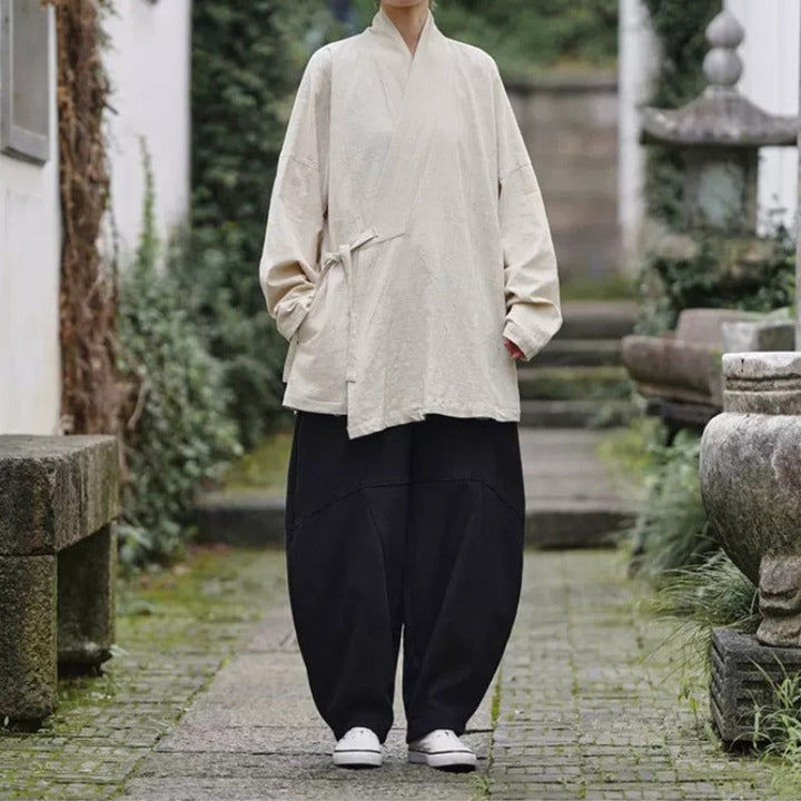 Loose Cotton Cross Front Hanfu Kimono Cardigan