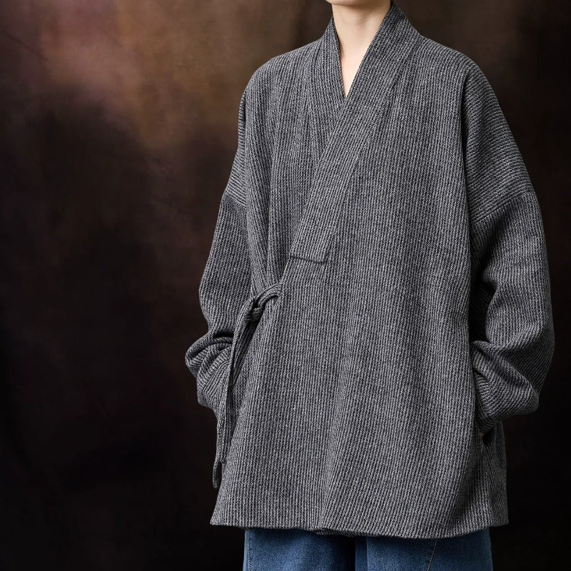 Loose Woolen Cross Front Hanfu Kimono Coat