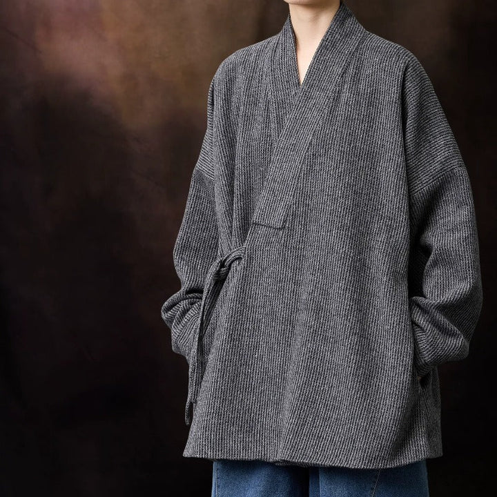 Loose Woolen Cross Front Hanfu Kimono Coat