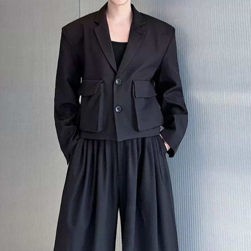 Cropped Flap Pocket Blazer Draped Pleated Cuffed Wide-leg Trousers Two-piece Set