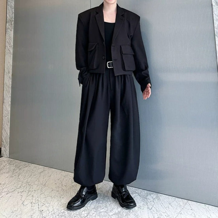 Cropped Flap Pocket Blazer Draped Pleated Cuffed Wide-leg Trousers Two-piece Set