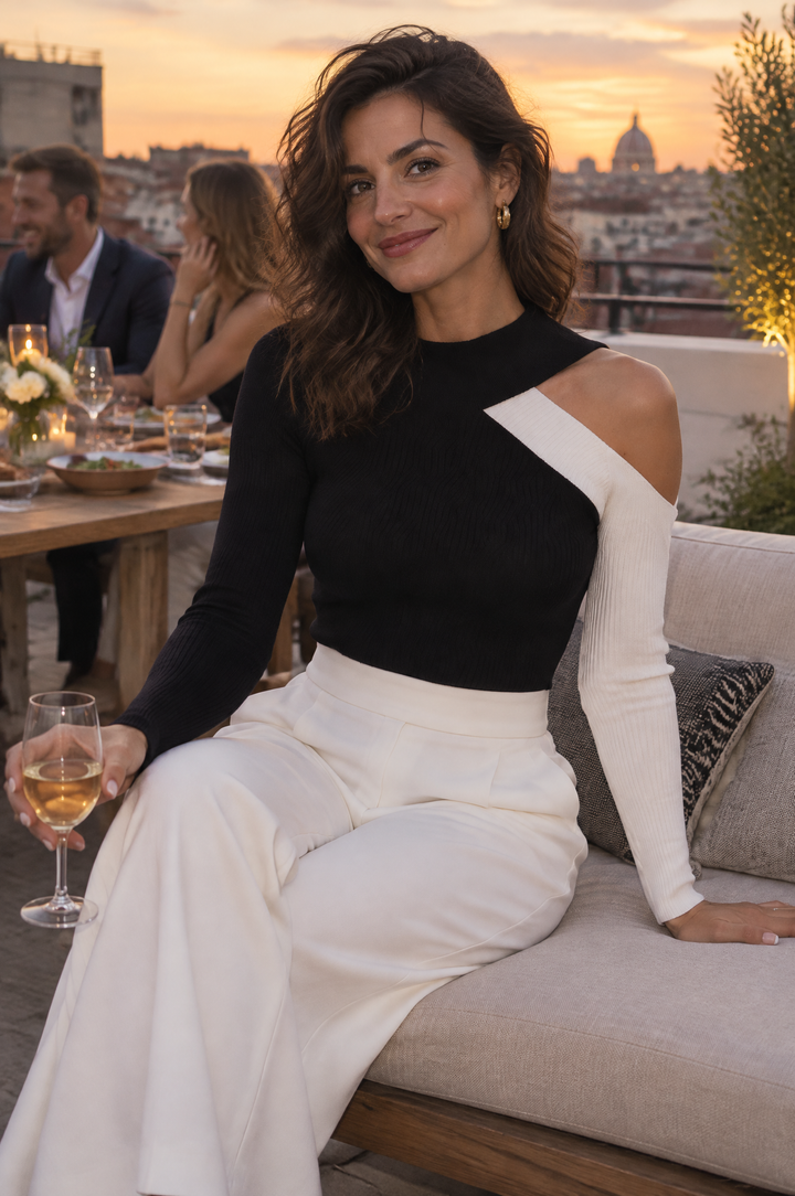 Mock Neck Knit Top With Asymmetric Cut-Out And Contrast Off-Shoulder Sleeve
