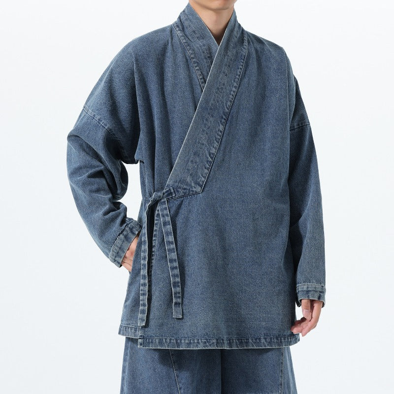 Vintage Washed Denim Cross Front Kimono Coat