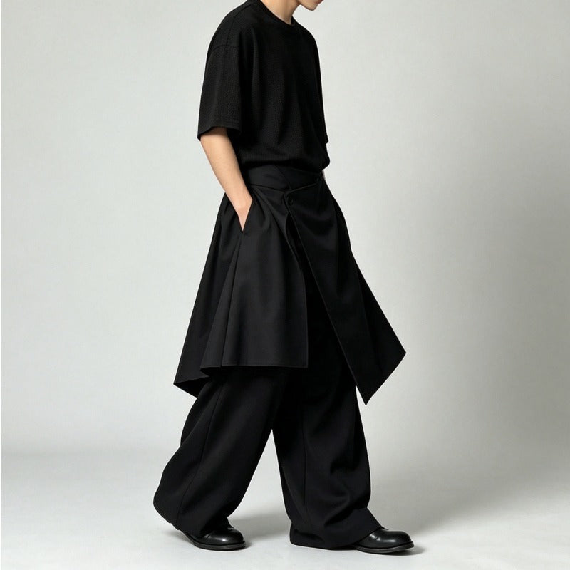 Japanese Loose High-waist Asymmetric Apron Layered Skirt-pants