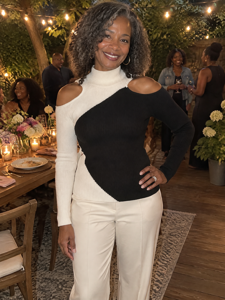 Turtleneck Cold-Shoulder Ribbed Knit Top With Diagonal Colorblock
