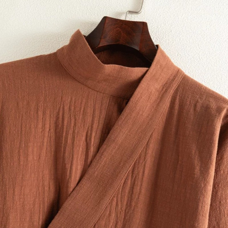 Cotton Textured Cross Collar Wrap Side Tie Loose Cardigan
