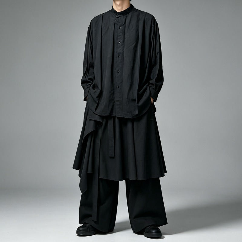 Japanese Minimalist High-waist Asymmetrical Layered Loose Wide-leg Skirt-pants