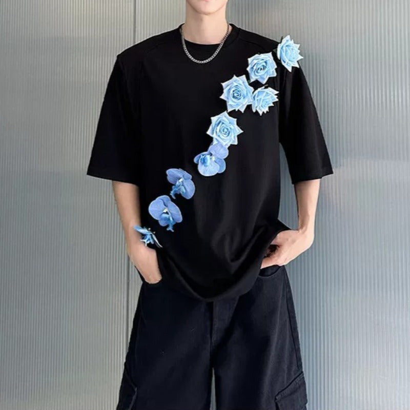 3D Blue Floral Applique Oversized T-Shirt