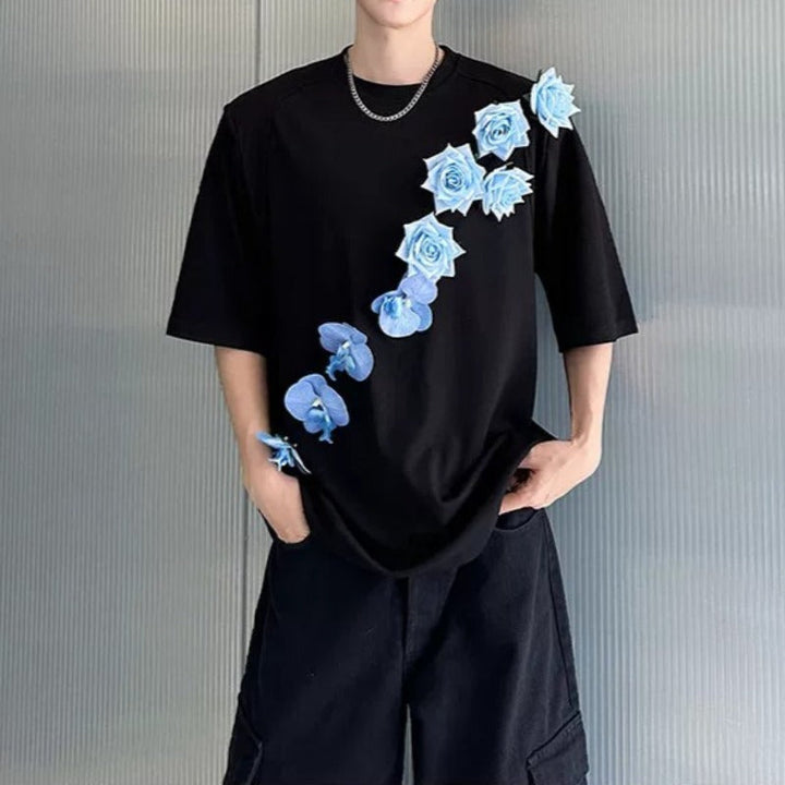 3D Blue Floral Applique Oversized T-Shirt