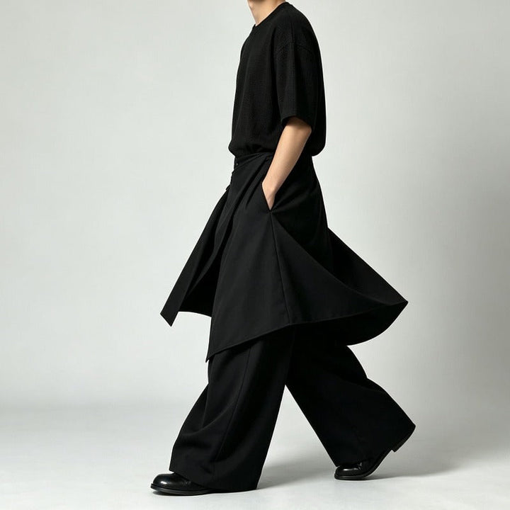 Japanese Loose High-waist Asymmetric Apron Layered Skirt-pants