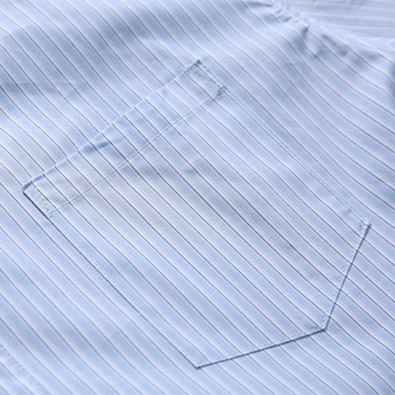 Blue White Striped Band Collar Casual Popover Shirt