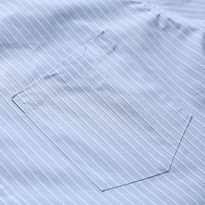 Blue White Striped Band Collar Casual Popover Shirt