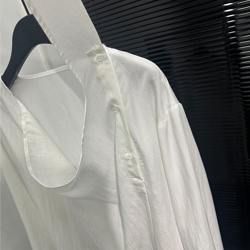 Asymmetric Neckline Tie-Detail Long-Sleeve Shirt