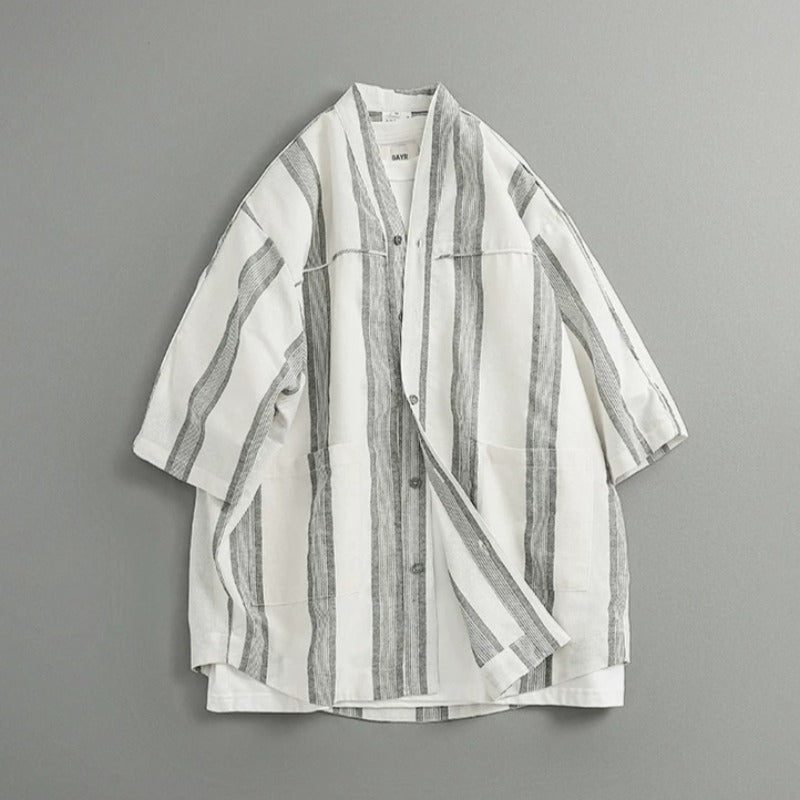 Japanese Striped Loose Kimono Shirt Half Sleeve Cardigan