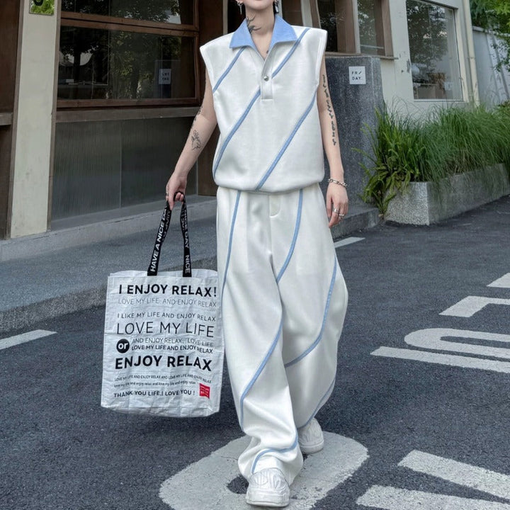 Color-block Collared Vest Casual Trousers Two-piece Set