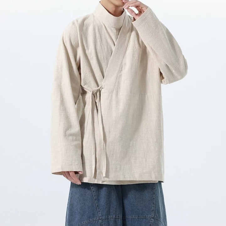 Loose Cotton Cross Front Side Tie Shirt Hanfu