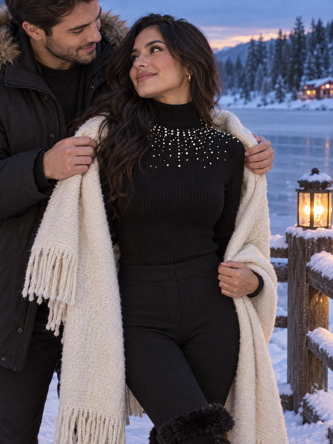 Pearl-Embellished Ribbed Turtleneck Knit Sweater
