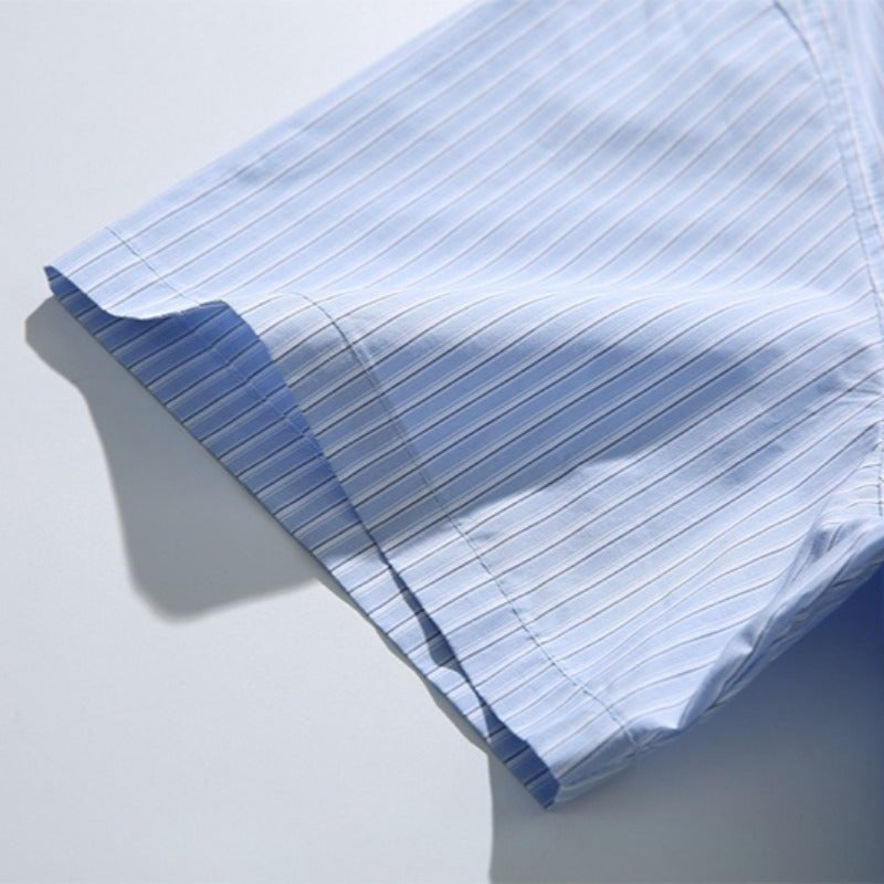 Blue White Striped Band Collar Casual Popover Shirt
