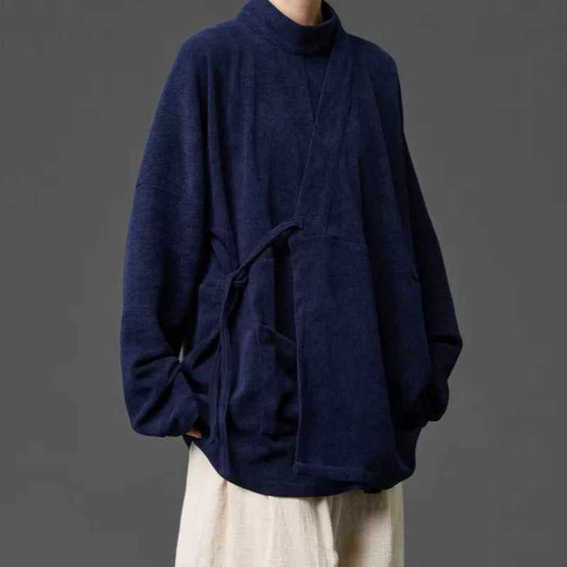 Corduroy Curved Collar Diagonal Placket Loose Hanfu Cardigan