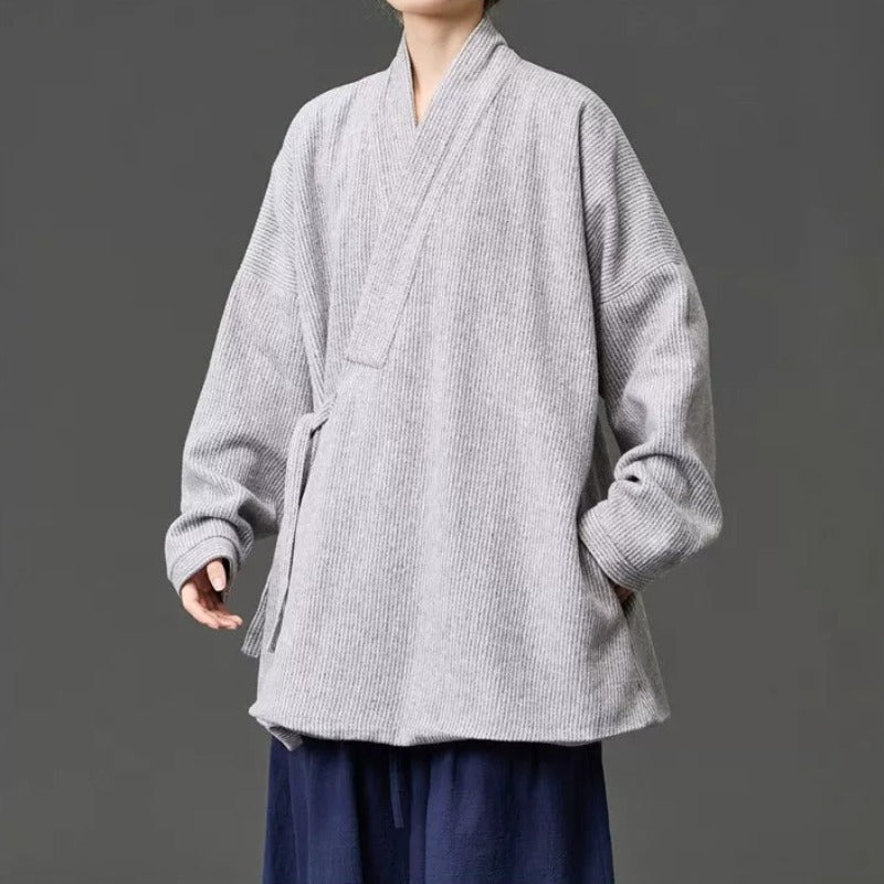 Loose Woolen Cross Front Hanfu Kimono Coat