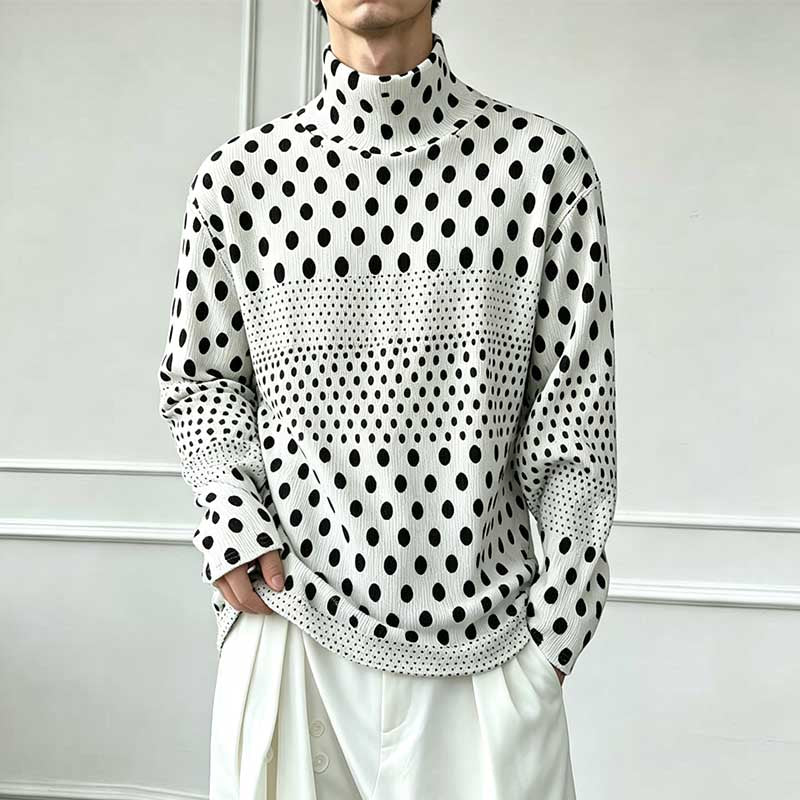 Ink-wash Polka Dot Turtleneck Pleated Base Layer Top