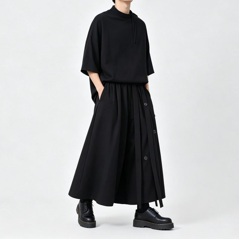 Japanese Loose Half Sleeve T-shirt High-waist Patchwork Wide-leg Skirt-pants Two-piece Set