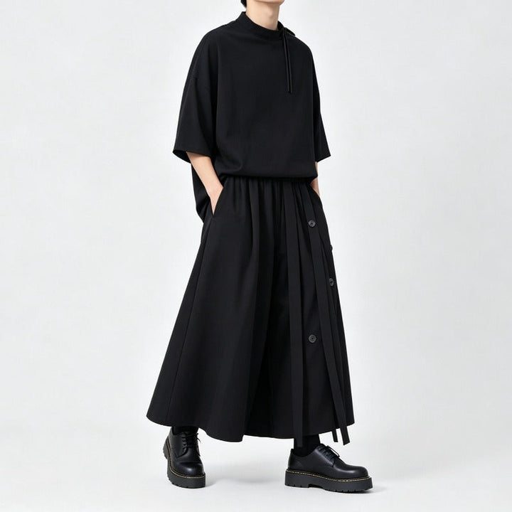 Japanese Loose Half Sleeve T-shirt High-waist Patchwork Wide-leg Skirt-pants Two-piece Set