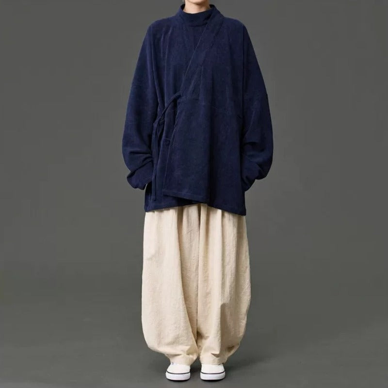Corduroy Curved Collar Diagonal Placket Loose Hanfu Cardigan