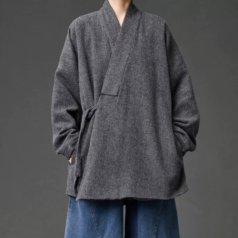 Loose Woolen Cross Front Hanfu Kimono Coat