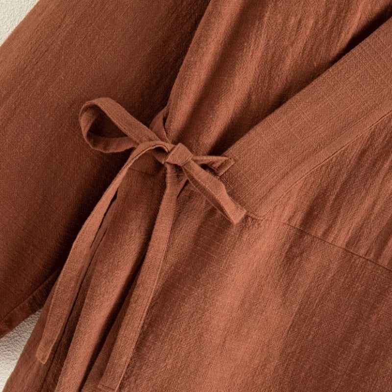 Cotton Textured Cross Collar Wrap Side Tie Loose Cardigan