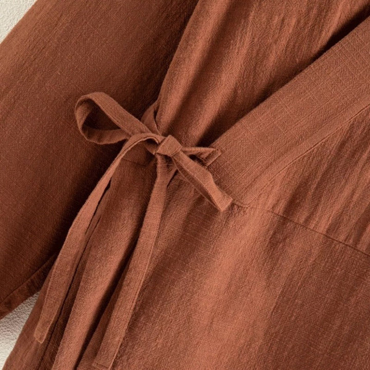 Cotton Textured Cross Collar Wrap Side Tie Loose Cardigan