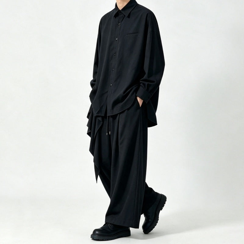 Japanese Draped Asymmetric Hem Long Sleeve Shirt Wide-leg Pants Two-piece Set