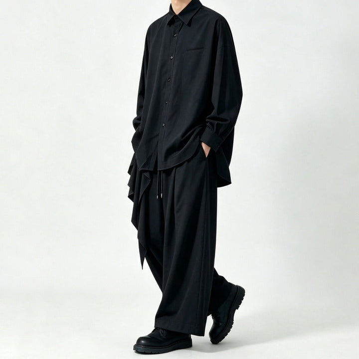 Japanese Draped Asymmetric Hem Long Sleeve Shirt Wide-leg Pants Two-piece Set