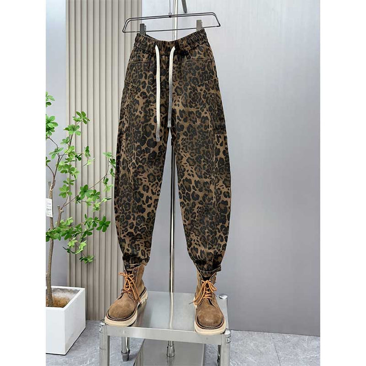 Leopard Print Jacquard Loose Straight Leg Casual Pants