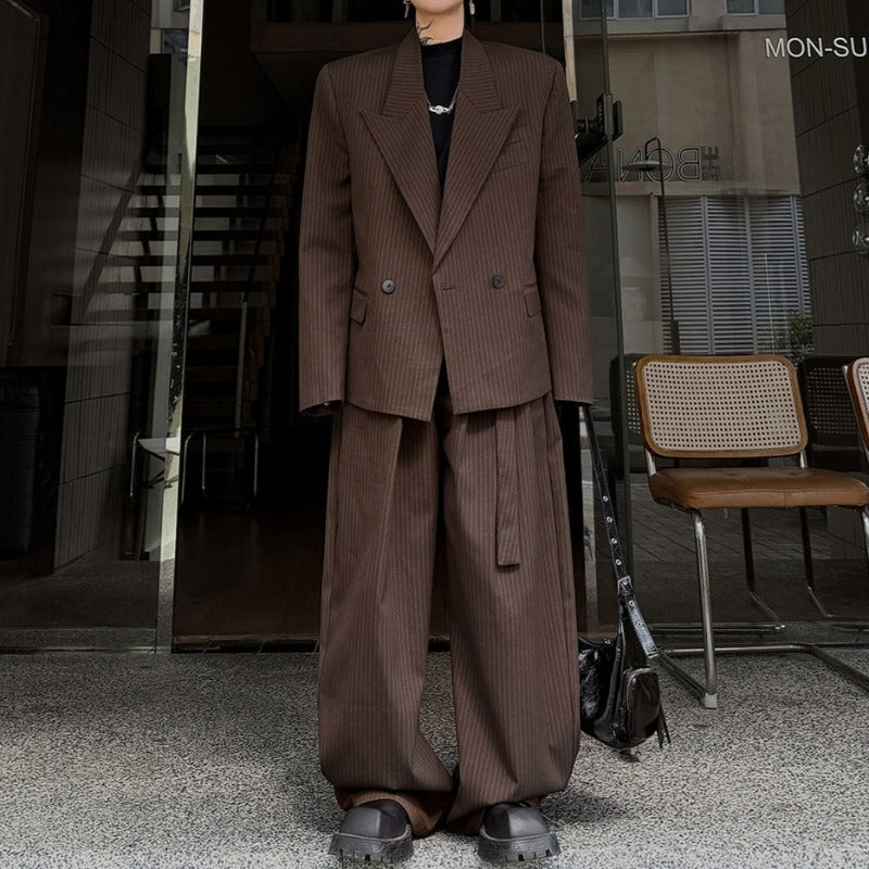 Pinstripe Ribbon Tape Accent Oversized Blazer Wide-leg Trousers Two-piece Set