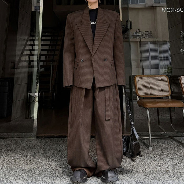 Pinstripe Ribbon Tape Accent Oversized Blazer Wide-leg Trousers Two-piece Set