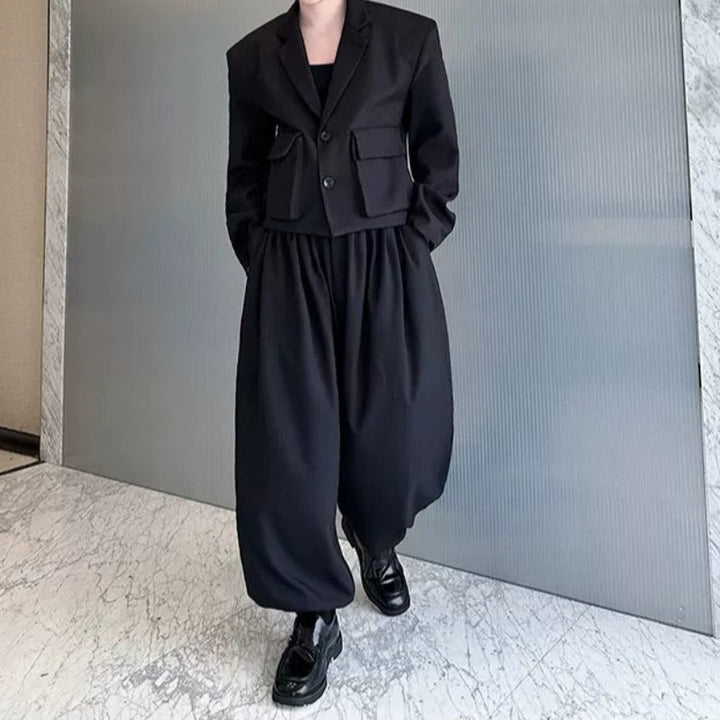 Cropped Flap Pocket Blazer Draped Pleated Cuffed Wide-leg Trousers Two-piece Set