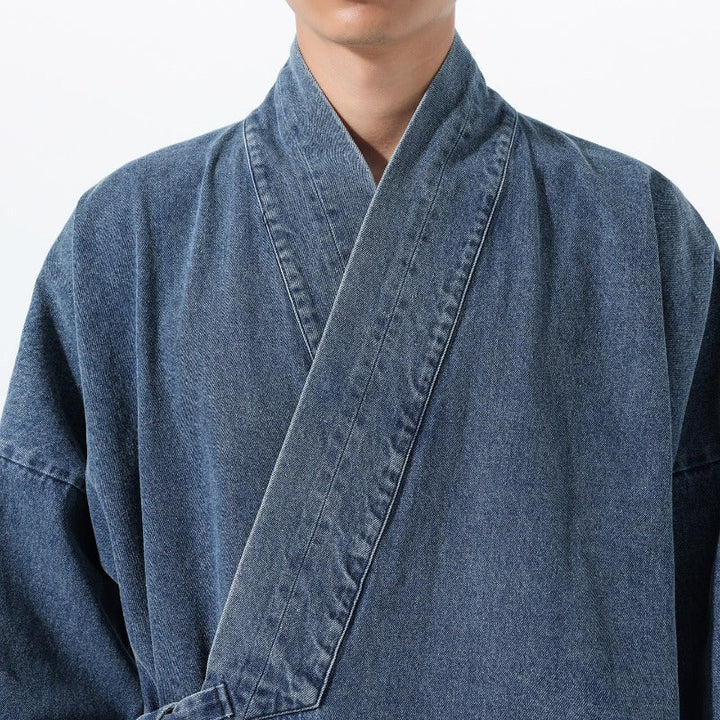 Vintage Washed Denim Cross Front Kimono Coat