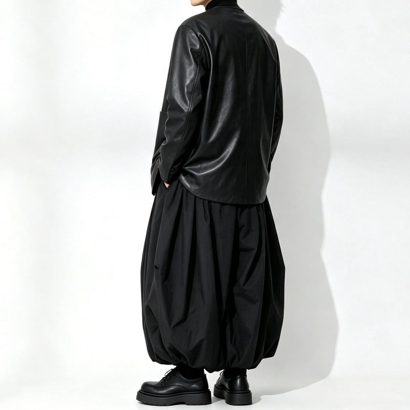 Japanese Loose Pleated V Neck PU Leather Jacket
