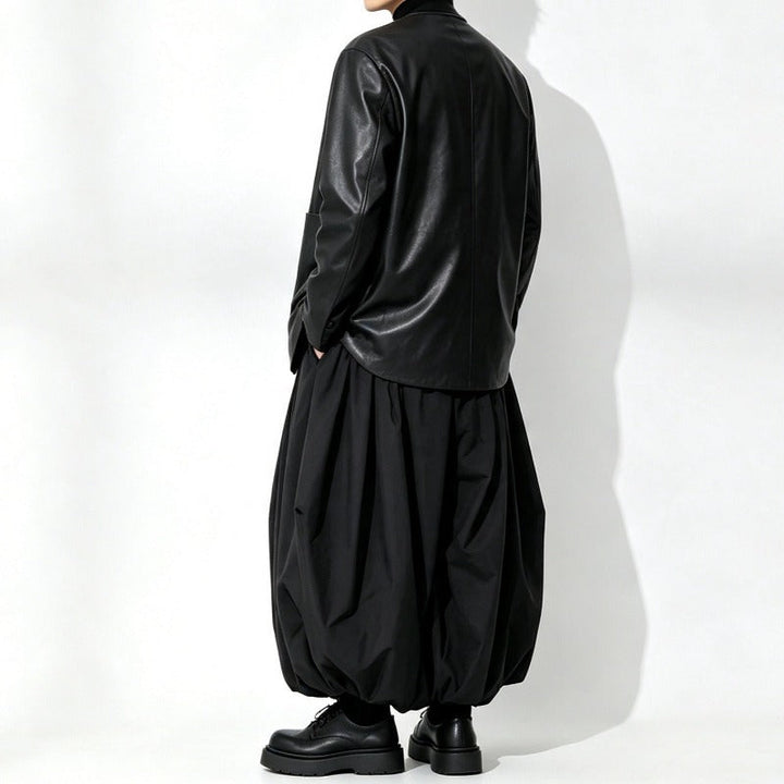 Japanese Loose Pleated V Neck PU Leather Jacket