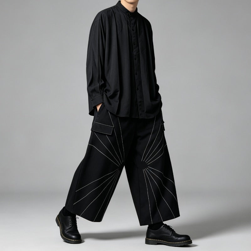 Japanese Draped Loose Long Sleeve Shirt Contrast Line High-waist Loose Wide-leg Pants Two-piece Set