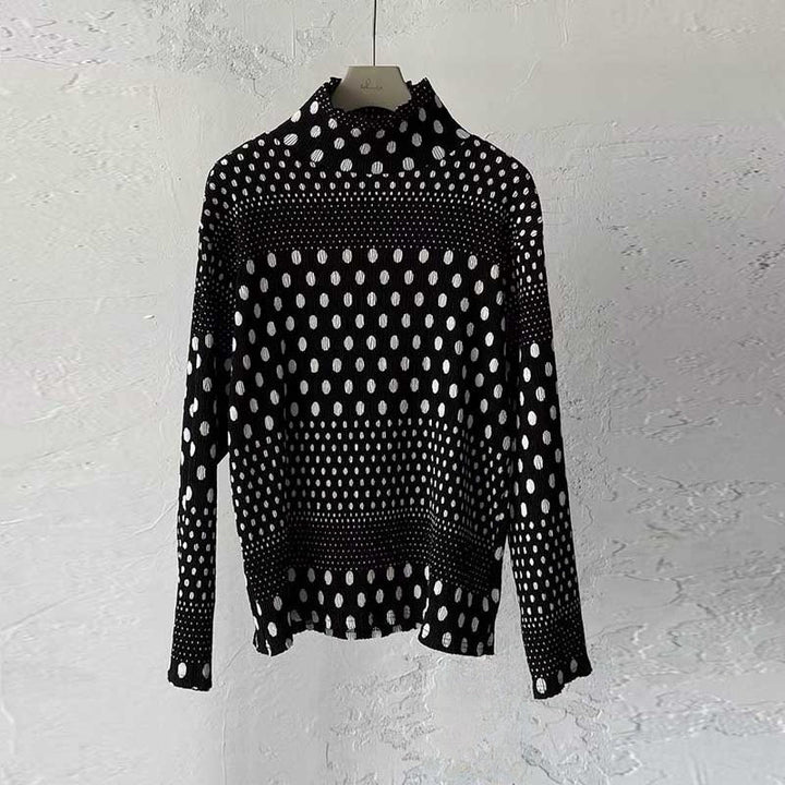 Ink-wash Polka Dot Turtleneck Pleated Base Layer Top