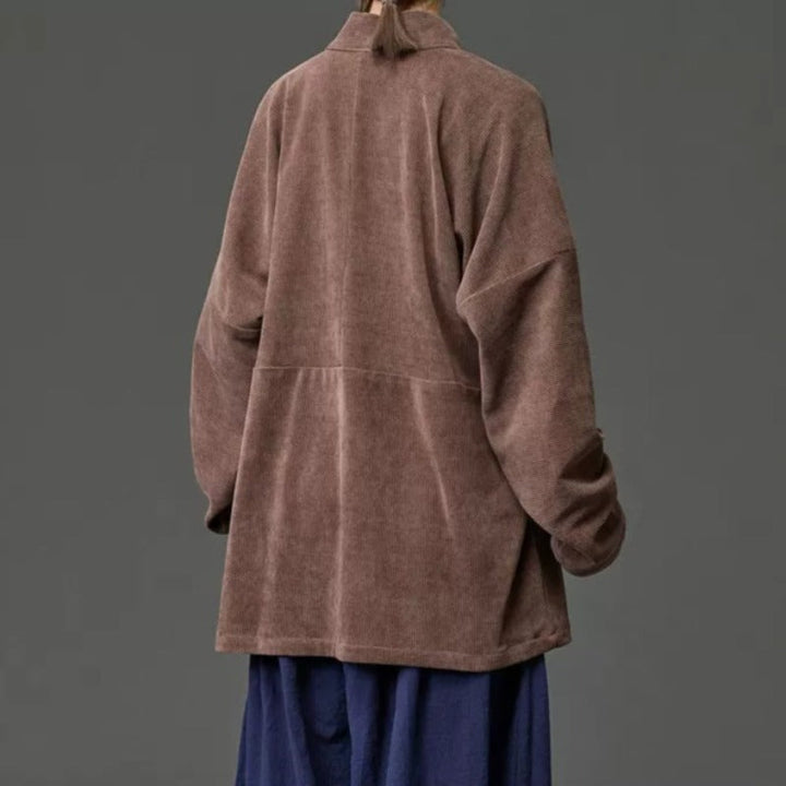 Corduroy Curved Collar Diagonal Placket Loose Hanfu Cardigan